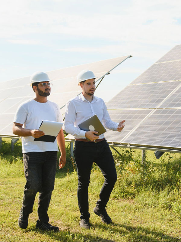 Zwei Arbeiter von SEICON Energy inspizieren Solarzellen auf einer Wiese.