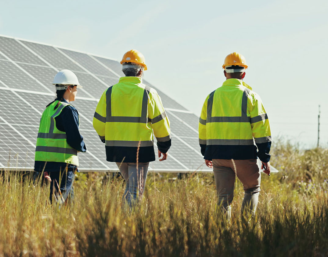 Drei Arbeiter in Schutzkleidung inspizieren Solarzellen auf einer Wiese.