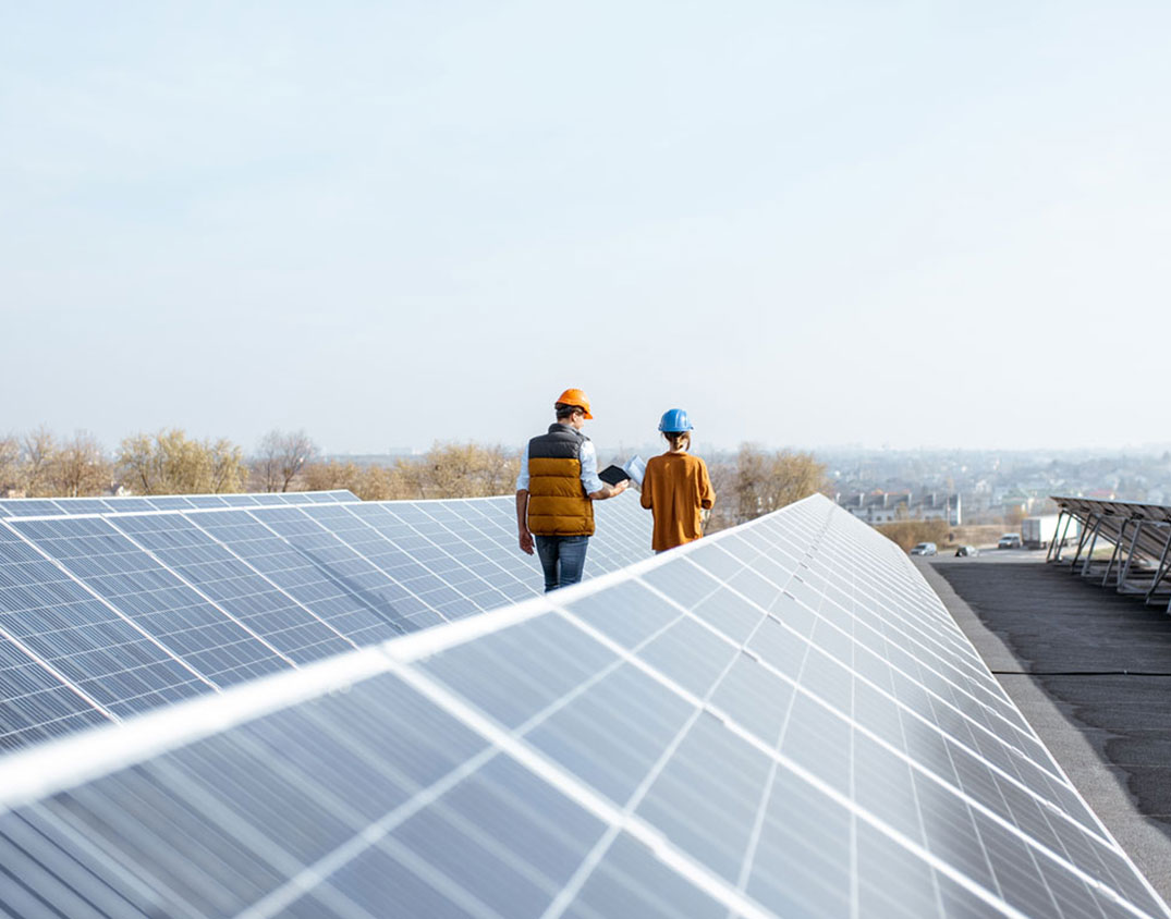 Zwei Arbeiter in orangefarbener Kleidung stehen zwischen Reihen von PV-Solarmodulen.