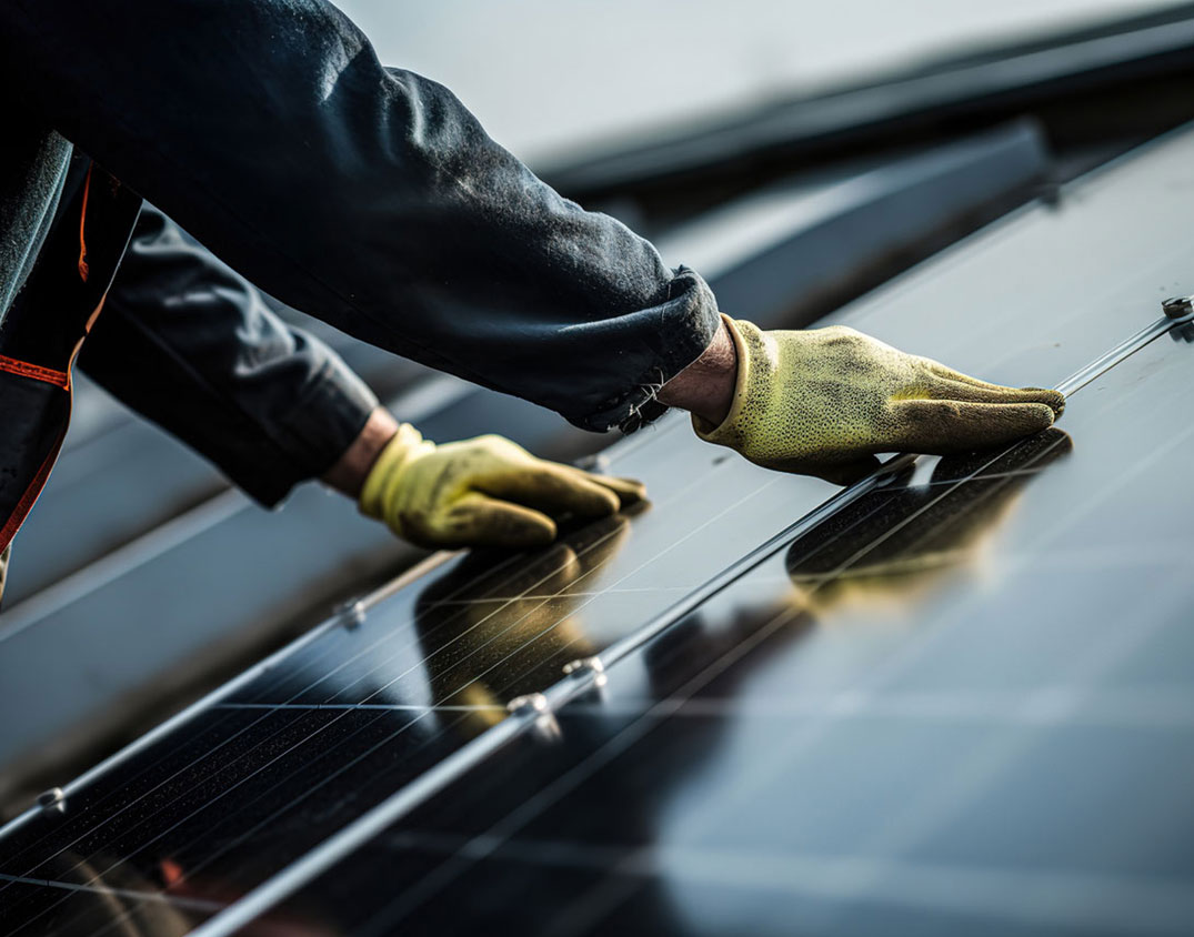 Arbeiter in Schutzkleidung installieren PV-Solarmodule von Seicon Energy auf einem Dach.